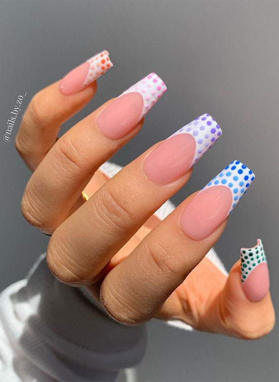 pastel polka dot french tips, polka dot french tips, polka french nails, polka dot french tip nails, pastel polka dot tip nails, coffin nails, polka dot coffin nails