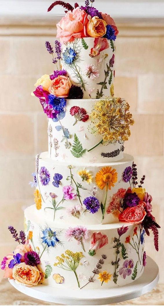 34 Creative Wedding Cakes That Are So Pretty : Pressed Edible Flower Wedding Cake