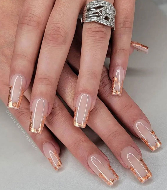 30 Cute Fall 2021 Nail Trends to Inspire You : Cute Gold Leaf Tip Nude Nails