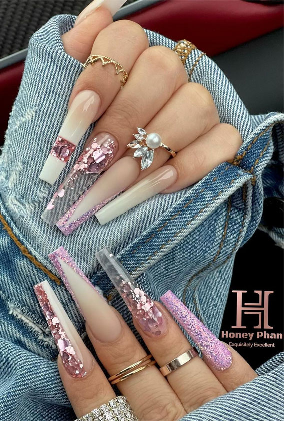 30 Cute Fall 2021 Nail Trends to Inspire You : Long Coffin Nails with Classic Ombre and Pink touch