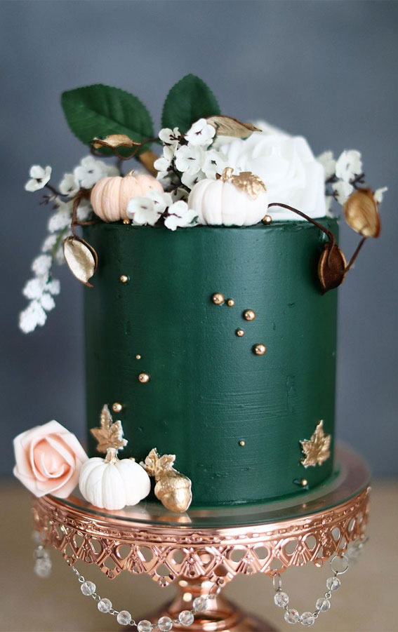 green cake, birthday cake ideas, green cake with mini white pumpkins
