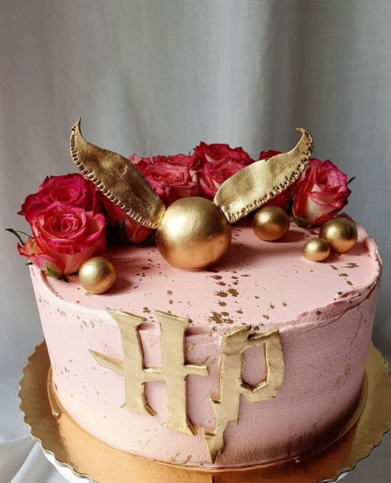30+ Cute Harry Potter Cake Designs : Light Pink & Gold Harry Potter Birthday Cake