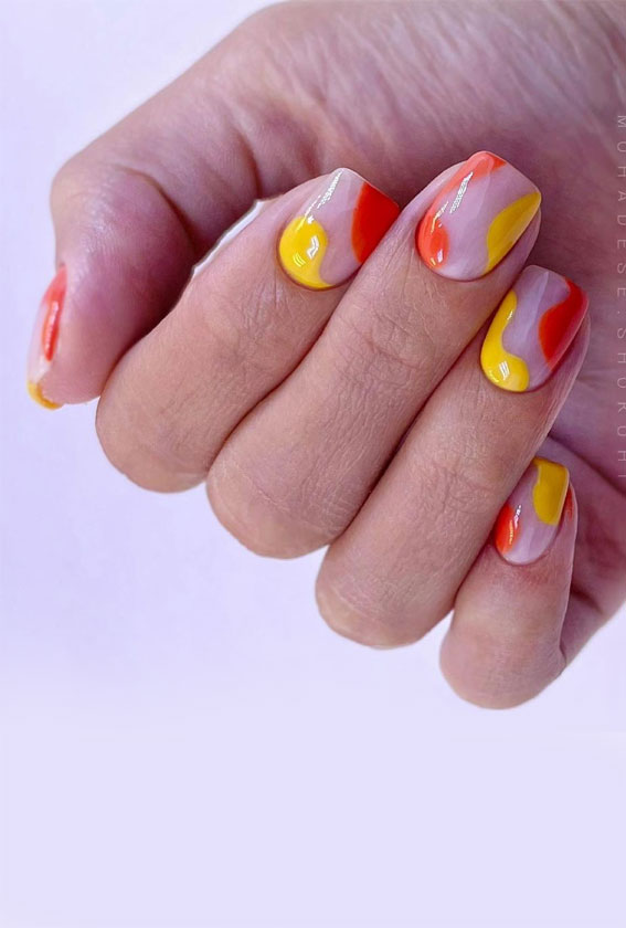 27 Short summer nails 2021 : Orange and Yellow Negative Space Nails