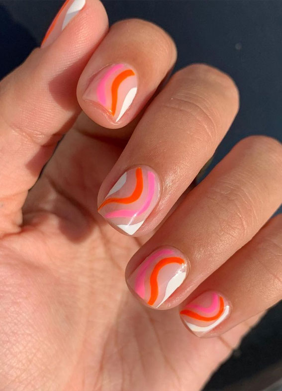 27 Short summer nails 2021 : Swirl Nail Art in Pink & Orange