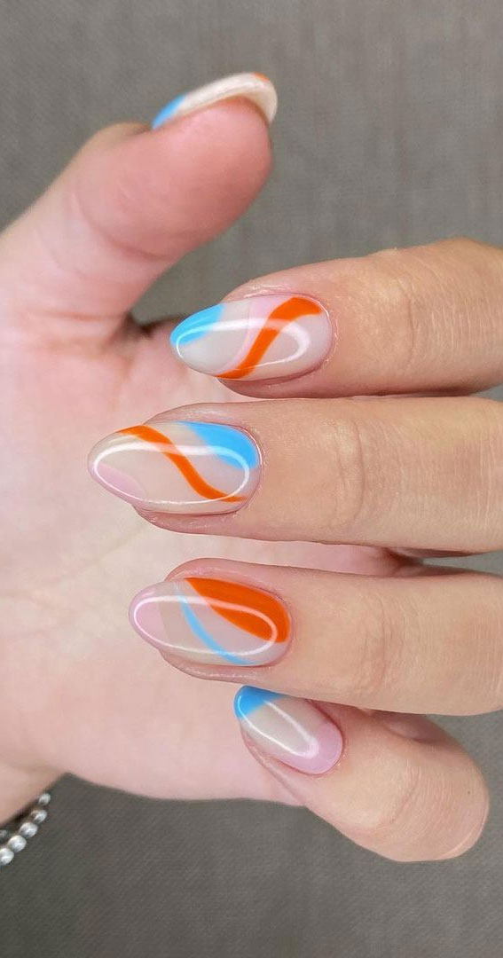 30 Coolest Summer Nails 2021 : Blue and Orange Abstract line Nails