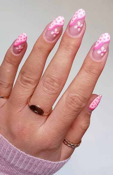 30 Coolest Summer Nails 2021 Pink Polka Dot Side French Tip Nails