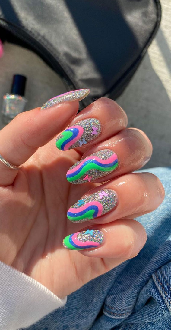 30 Coolest Summer Nails 2021 : Glitter and Colorful Swirl Nails