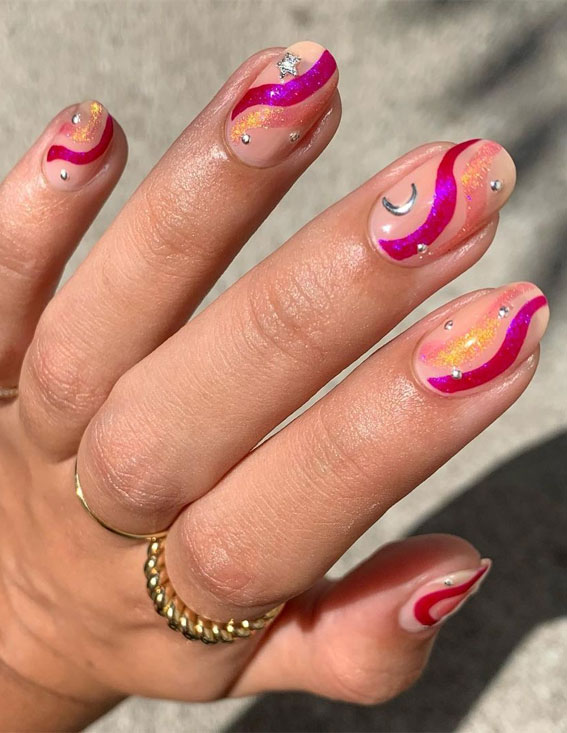 30 Coolest Summer Nails 2021 : Pink Swirl and Silver Celestial Charms