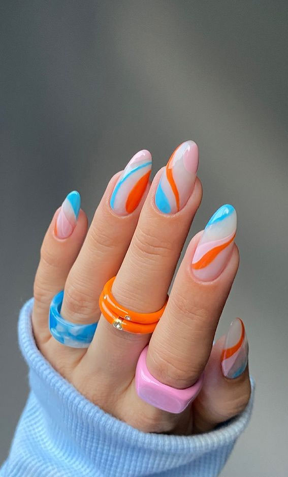 30 Coolest Summer Nails 2021 : Bright Blue and Orange Fun Swirl Nails