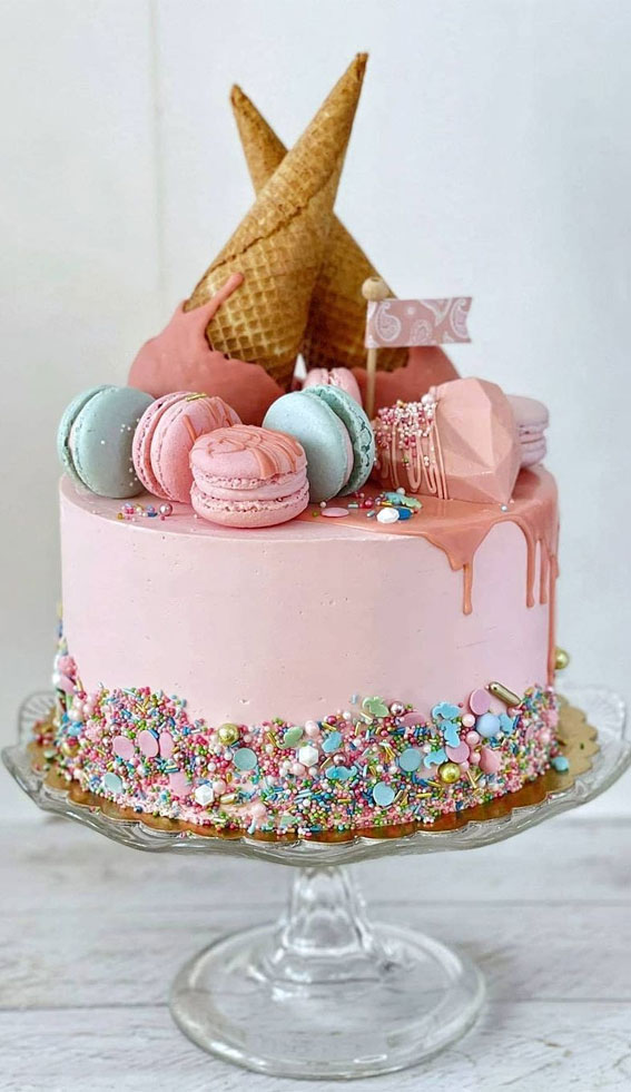 40 Cute Cake Ideas For Any Celebration : Pink Cake with Macarons & Ice Cream