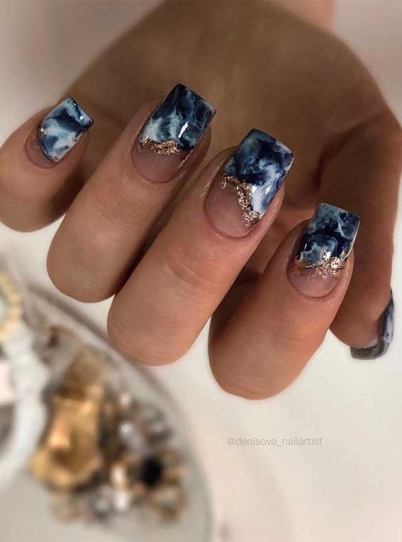 32 Prettiest Autumn Nail Art Designs : Blue Marble Nails with Gold Accents