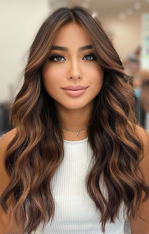 40 Pretty Hair Styles with Highlights and Lowlights : Caramel Balayage Long Hair