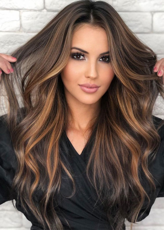40 Pretty Hair Styles With Highlights And Lowlights Brunette With Warm Bronze Highlights