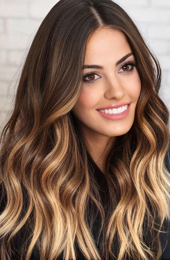 Hair Highlights and Lowlights : Bright brunette with smoky roots