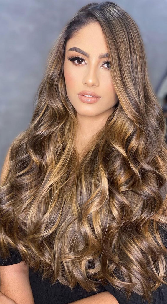 40 Pretty Hair Styles with Highlights and Lowlights : Brunette with Ginger and Walnut