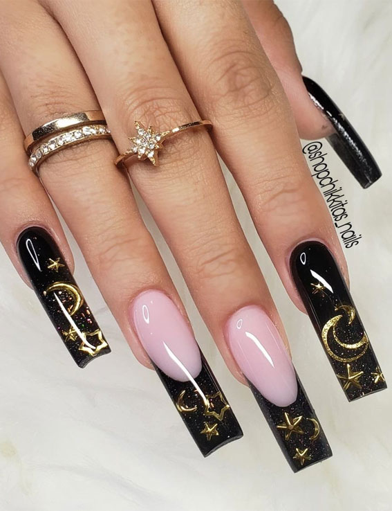 45 Best Fall Nail Ideas 2021 : Celestial Shimmery Black Coffin Nails