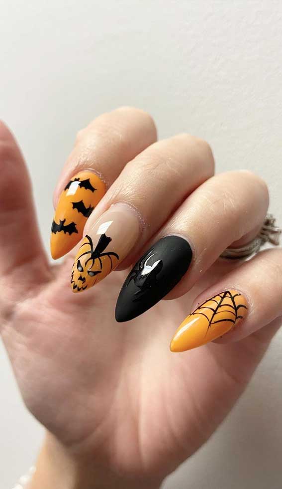 32 Prettiest Autumn Nail Art Designs : Black and Orange Spooky Halloween Nails