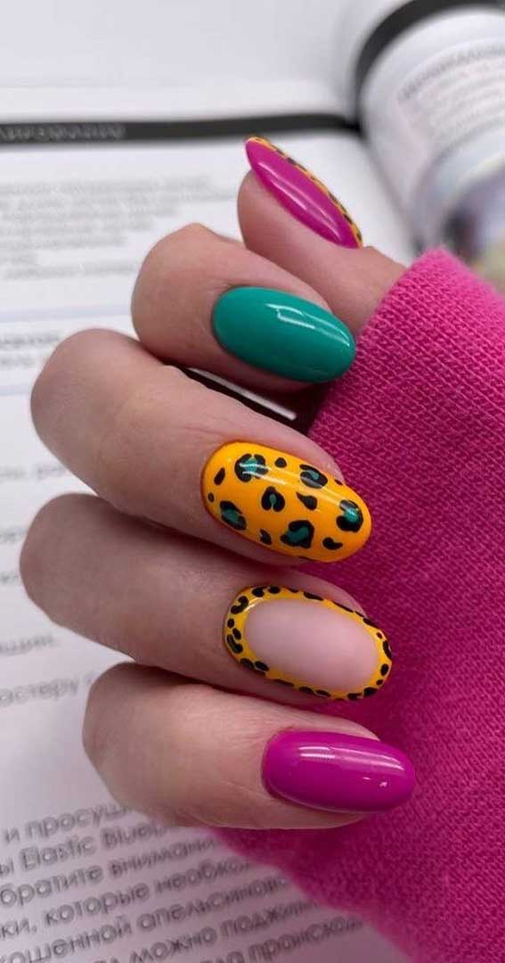 32 Prettiest Autumn Nail Art Designs : Green, Pink and Leopard Nails