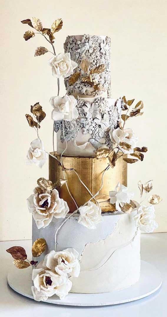 40 Pretty & New Wedding Cake Trends 2021 : Grey Concrete and Gold Wedding Cake