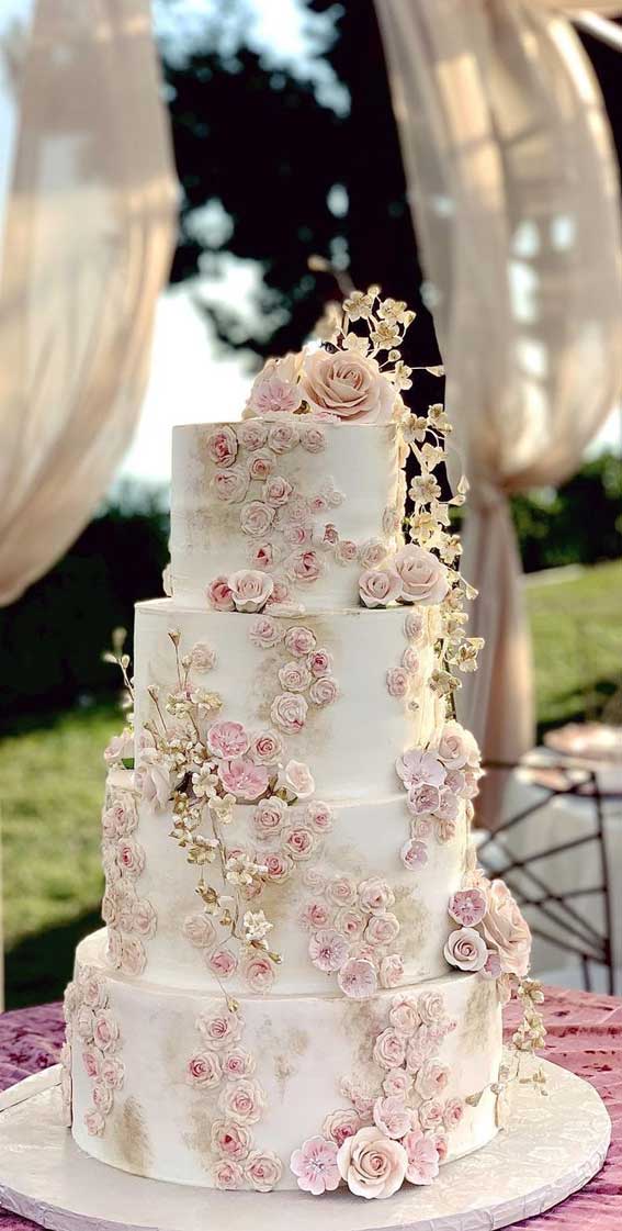 40 Pretty & New Wedding Cake Trends 2021 : Four Tier Cake with Soft Flower Details