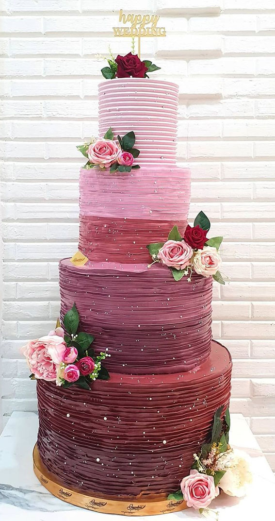 40 Pretty & New Wedding Cake Trends 2021 : Four Tier Ombre Pink & Red Wedding Cake