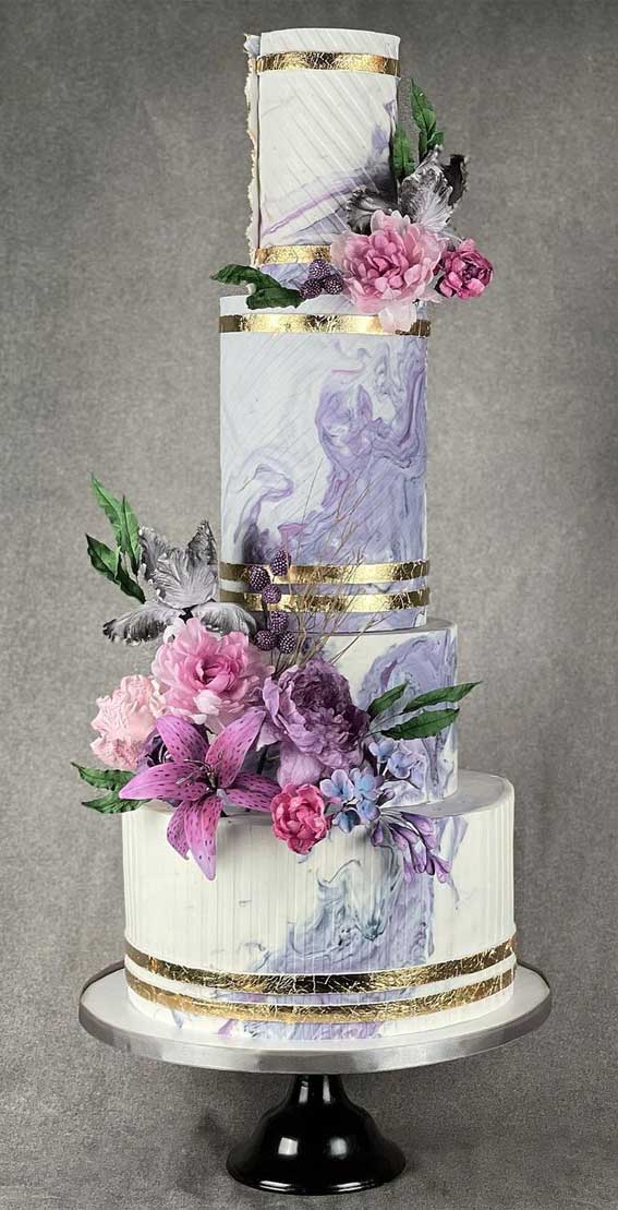 40 Pretty & New Wedding Cake Trends 2021 : Lavender Coloured Marble Wedding Cake