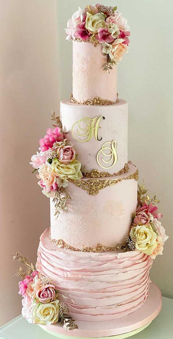 40 Pretty & New Wedding Cake Trends 2021 : Gold and Pink Elegant Wedding Cake
