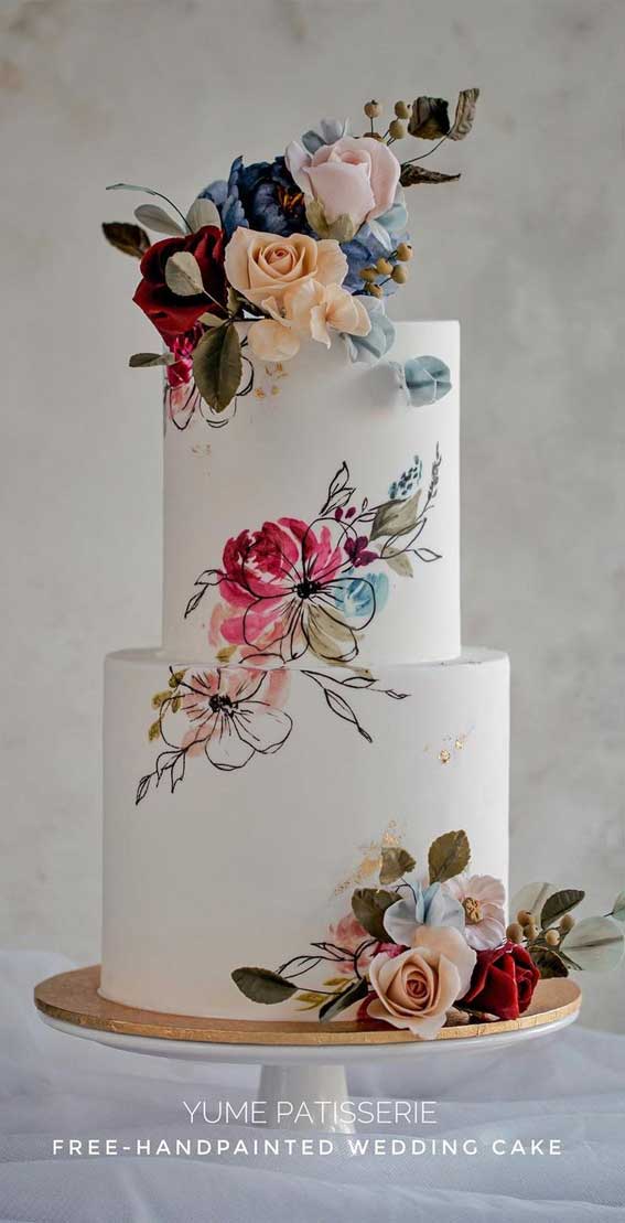 40 Pretty & New Wedding Cake Trends 2021 : Hand Painted Flower Wedding Cake
