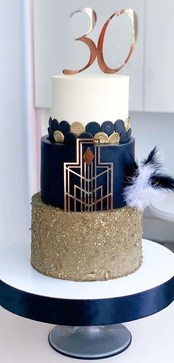 39 Cake design Ideas 2021 : Gold, Navy Blue and White Cake for 35th Birthday