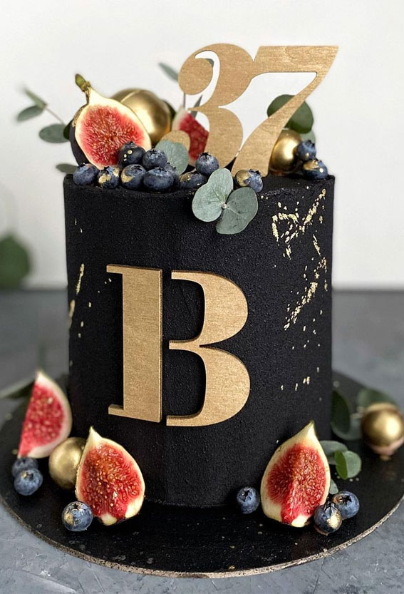 39 Cake design Ideas 2021 : Black Birthday Cake Topped with Figs for 37th Birthday