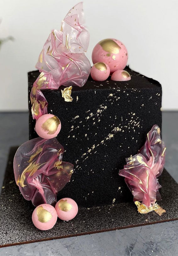 39 Cake design Ideas 2021 : Black Square Birthday Cake Topped with Gold and Pink Balls
