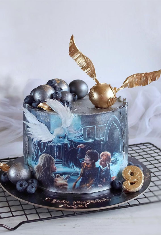 39 Cake design Ideas 2021 : Watercolor Harry Potter Birthday Cake for 9th Birthday