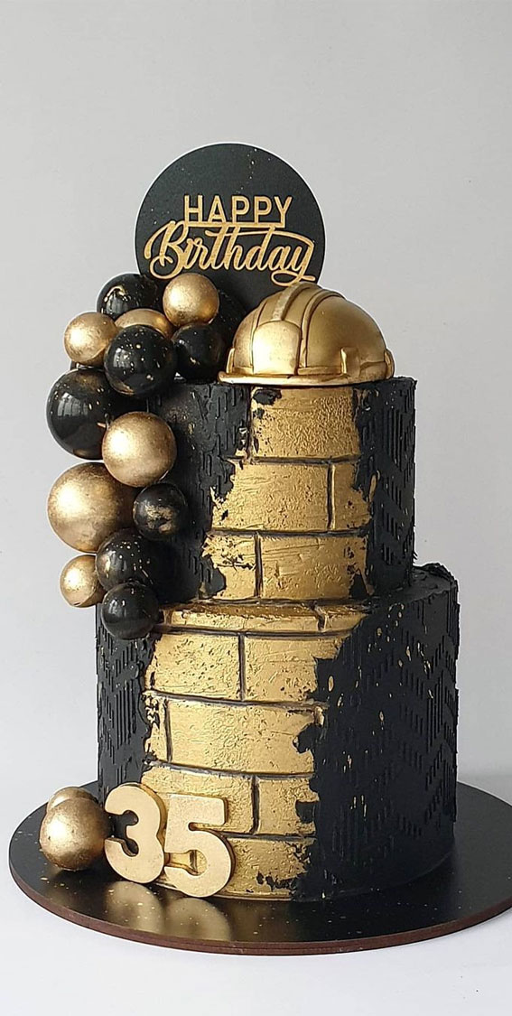 39 Cake design Ideas 2021 : Black and Gold Construction Theme Birthday Cake