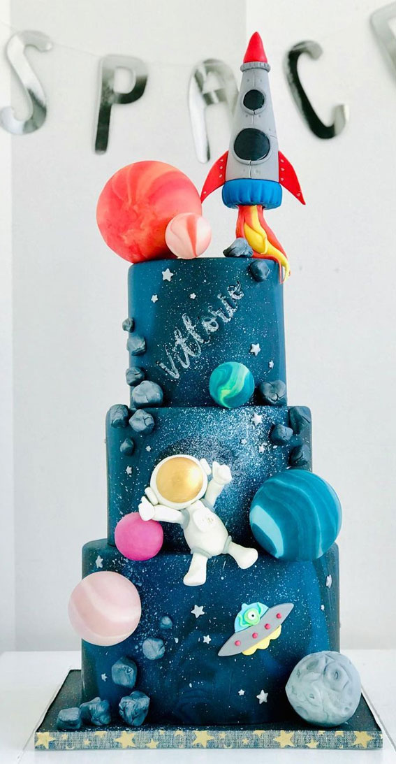 39 Cake design Ideas 2021 : Space-Themed Three Tier Birthday Cake
