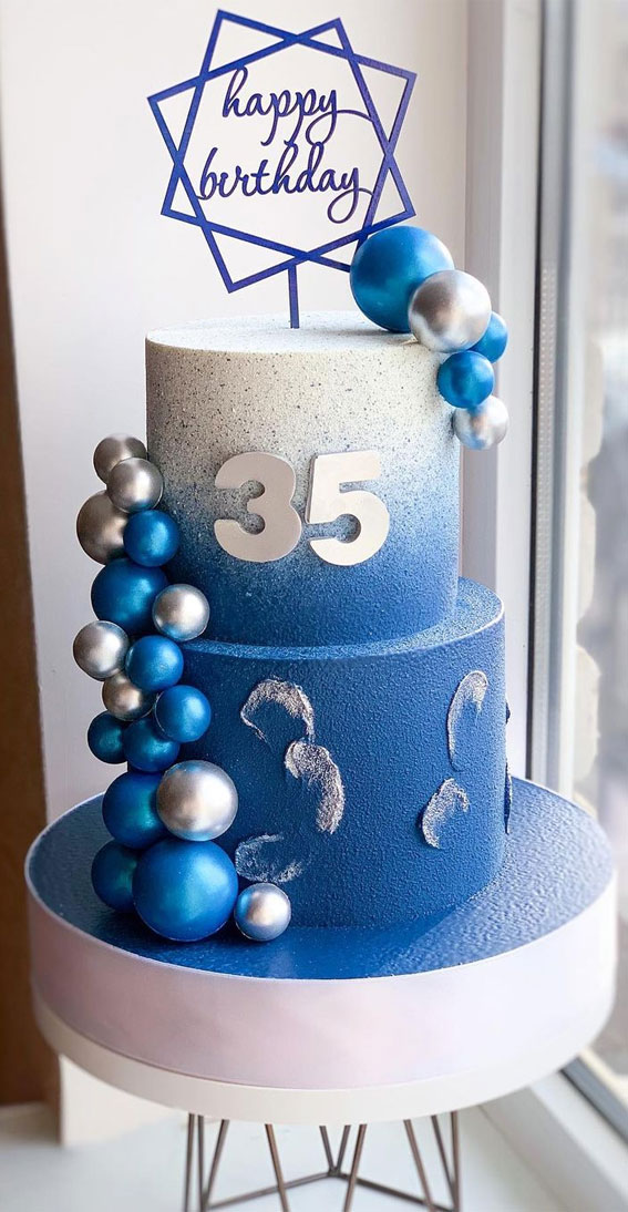 39 Cake design Ideas 2021 : Ombre Blue Two Tier Birthday Cake