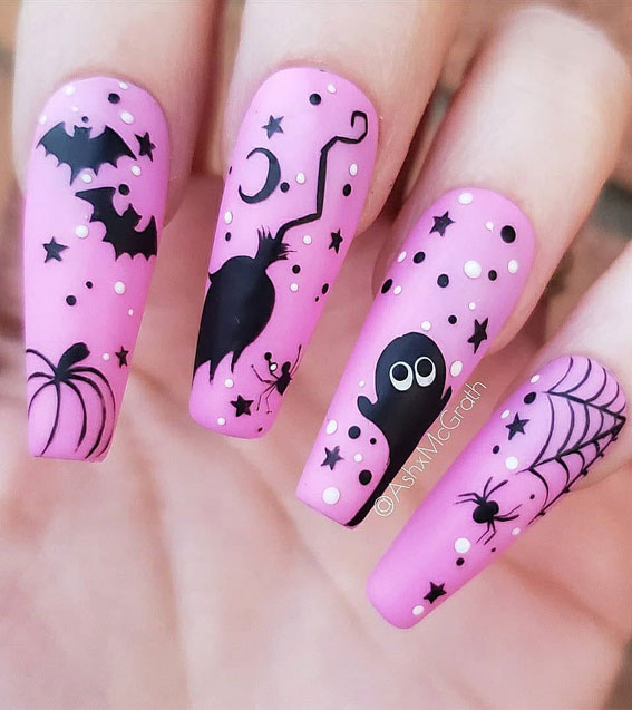 44 Cute Halloween Nails & Thanksgiving Nails : Spooky Pink Coffin Nails