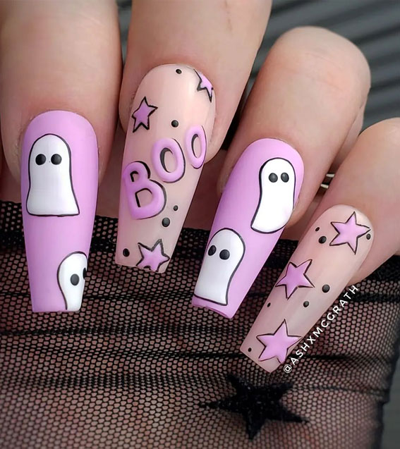 44 Cute Halloween Nails & Thanksgiving Nails : Ghost and Star Coffin Nails