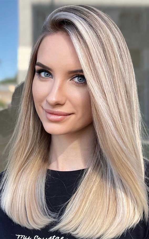 50 Trendy Hair Colors To Wear in Winter : Brown Blonde Color Melted to Bright Blonde