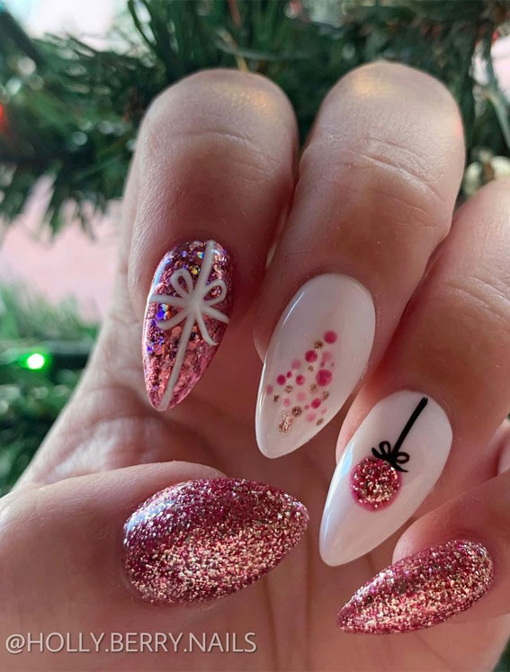 30 Christmas Nail Designs for 2021 : Rose Gold Shimmery Christmas Nails