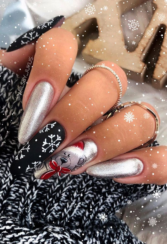 40 Festive Christmas and Holiday Nails 2021 : Matte Black and Silver Festive Nails