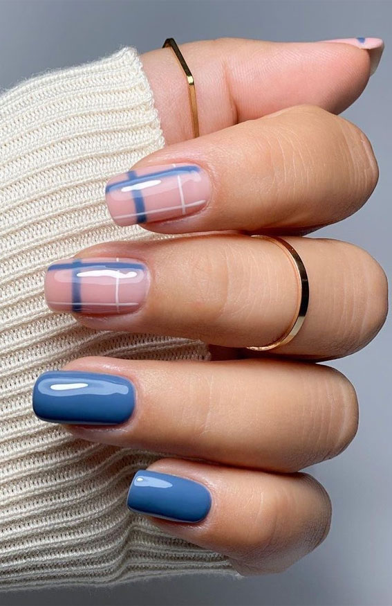 30 Cute Ways To Wear Fall Plaid Nail Designs : Blue Nails & Plaid Clear Gel Nails