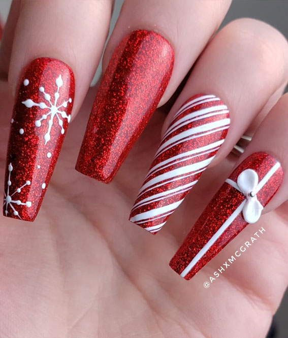 27 Best Holiday Nail Art Designs Candy Cane Snowflake and Present Red