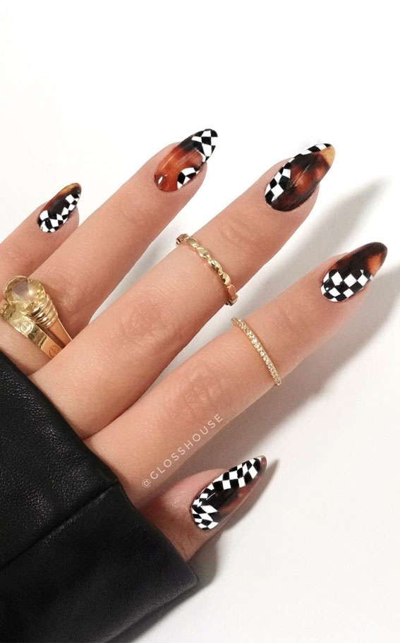 35 Trendy Checkered Nail Art Designs : Tortoiseshell & Checkered Nails