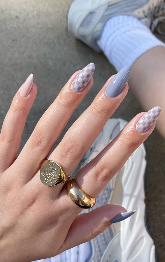 35 Trendy Checkered Nail Art Designs : Blue Grey Checkered Nails