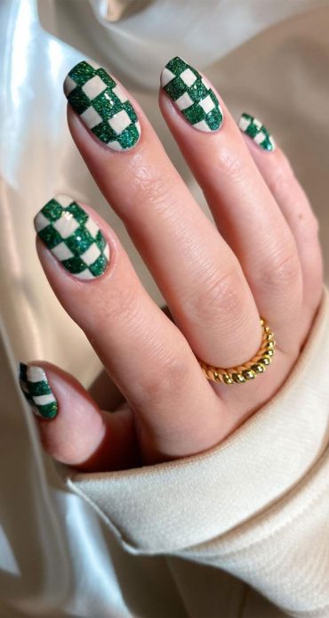 35 Trendy Checkered Nail Art Designs Glitter Green Nails