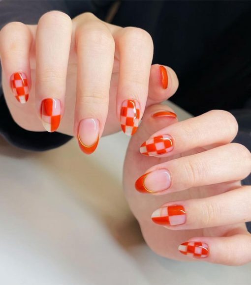 35 Trendy Checkered Nail Art Designs Orange French Tips & Checkered Nails