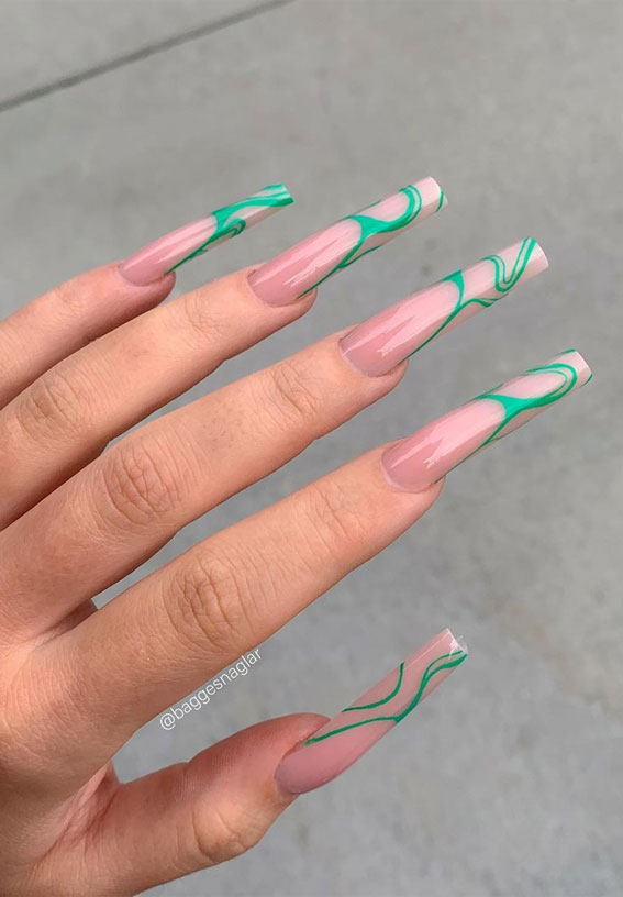 40+ Trendy Ways To Wear Green Nail Designs : Green Swirl Nude Long Nails