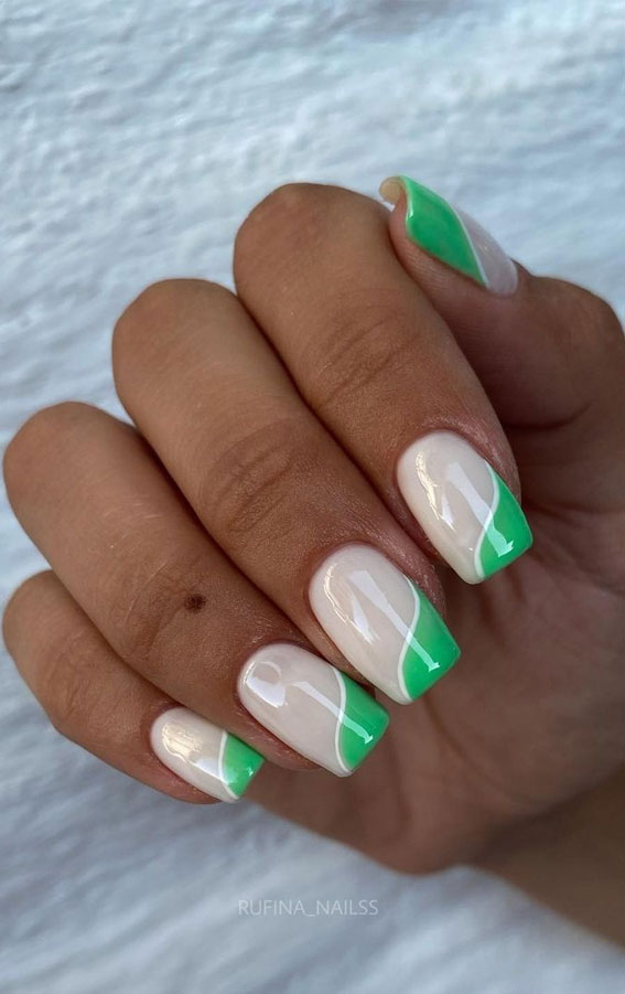 40+ Trendy Ways To Wear Green Nail Designs : Side French Jade Green Nails
