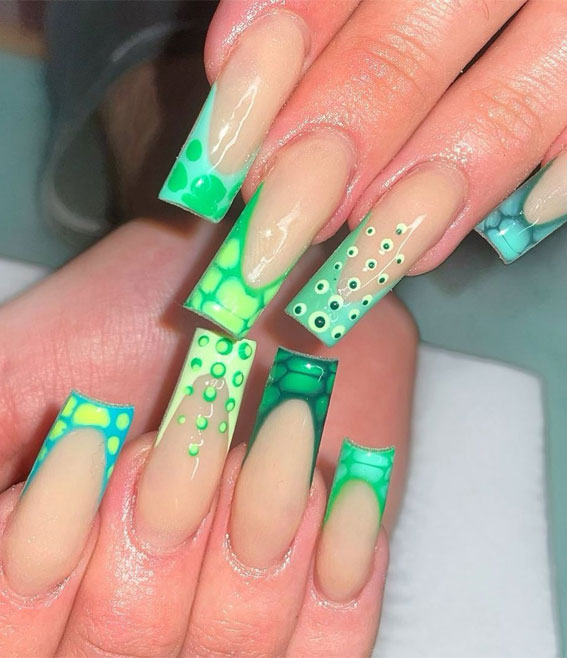 40+ Trendy Ways To Wear Green Nail Designs : Snake Print Green Tip Nails