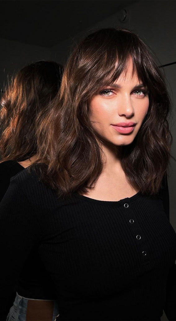 30 Medium Length Haircuts 2022 For All Face Shapes : Milk Chocolate with Soft Bangs